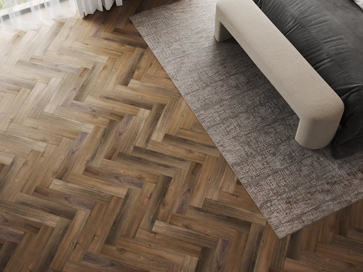 Кварцвиниловый SPC ламинат Home Expert Parquet Гикори натуральный 33-71W908/33-3010 венгерская елка 615×123×3,5 фото в интерьере